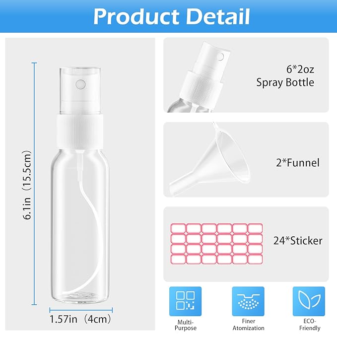 Zoizocp Spray Bottles, 4oz/120ml Clear Empty Fine Mist Plastic Mini Travel Bottle Set, Small Refillable Liquid Containers with 2pcs Funnels and 24pcs Labels (6 Pack)