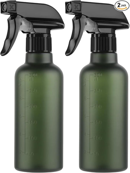 Leakproof Spray Bottles (2 Pack 10 oz), Adjustable Fine Mist & Jet Stream Nozzle, Premium BPA-Free Frosted Plastic Multi-Purpose for Hair, Plants, Cleaning (2 PACK GREEN)
