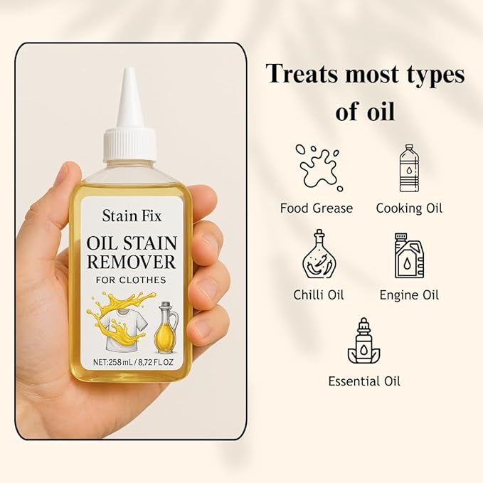 Oil Stain Remover for Clothes (8.72oz) - Fabric Stain Remover For Cooking, Engine, Dried Oil And Grease Stains - Safe for All Fabric Types
