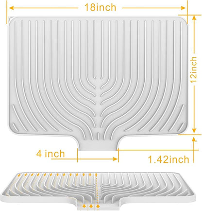 Silicone Drying Mat for Kitchen Counter , Dish Drying Rack Matt with Built in Drain, 18 Inch Dry Mats for Dishes Drying Pad for Kitchen Counter (18×12inch, white)