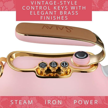 SALAV Retro Handheld Garment Steamer + Iron, Ceramic Steam Plate, 1000 watts of Steam, Removes Wrinkles on Clothes (Rose, Steamer and Iron + Fabric Shaver and Lint Roller)
