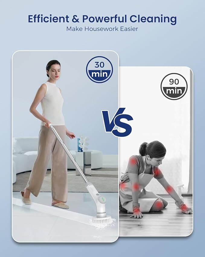 VEWIOR Electric Spin Scrubber, Cordless Cleaning Brush with 3 Adjustable Angle 2 Speeds 3 Replaceable Brush Heads, Electric Cleaning Brush for Floor Bathroom Tub Tile Kitchen Window