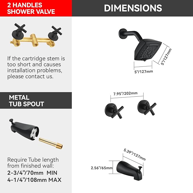 2 Handle Shower Faucet Set with Tub Spout 6-Spray Shower Head and Handle Set Shower Trim Kit with Rough-in Valve Bathroom Shower Faucet Valve Trim Kit Matte Black