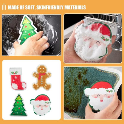 4pcs Cute Christmas Dishwashing Sponges Reusable Kitchen Scrubbers for Cleaning Thickened Design for Sturdy Use Kitchen and Bathroom Cleaning