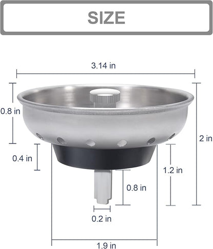 KONE 2PCS Kitchen Sink Basket Strainer Replacement for 3-1/2 Inch Standard Drains Brushed Stainless Steel Body Metal Center Knob with Rubber Stopper