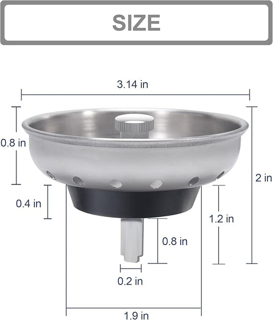KONE 2PCS Kitchen Sink Basket Strainer Replacement for 3-1/2 Inch Standard Drains Brushed Stainless Steel Body Metal Center Knob with Rubber Stopper