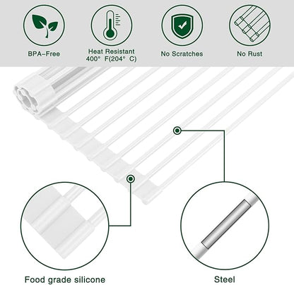 Hanzenma Roll Up Dish Drying Rack - Over The Sink, Multipurpose Foldable Sink Drying Mat, Heat-Resistant, Anti-Slip & Anti-Rust, 17" x 13", White
