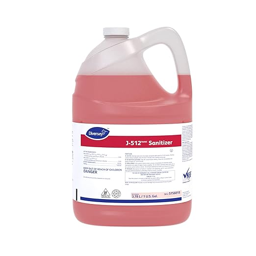 Diversey 5756018 J-512 Sanitizer, Food Contact Sanitizing Liquid for Dishes, Equipment & Utensils, No Fragrance Added, For Home & Commercial Use, Concentrate, 1-Gallon (Pack of 4)
