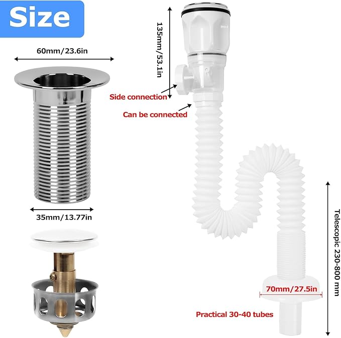 Bathroom Sink Drain Kit, Flexible P-Trap Sink Drain Pipe with Pop Up Stopper, Bathroom Sink Pipe Replacement Kit for 1-1/4'' & 1-1/2'' Holes, Anti-Clogging Stopper (White)