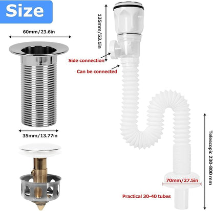 Bathroom Sink Drain Kit, Flexible P-Trap Sink Drain Pipe with Pop Up Stopper, Bathroom Sink Pipe Replacement Kit for 1-1/4'' & 1-1/2'' Holes, Anti-Clogging Stopper (White)