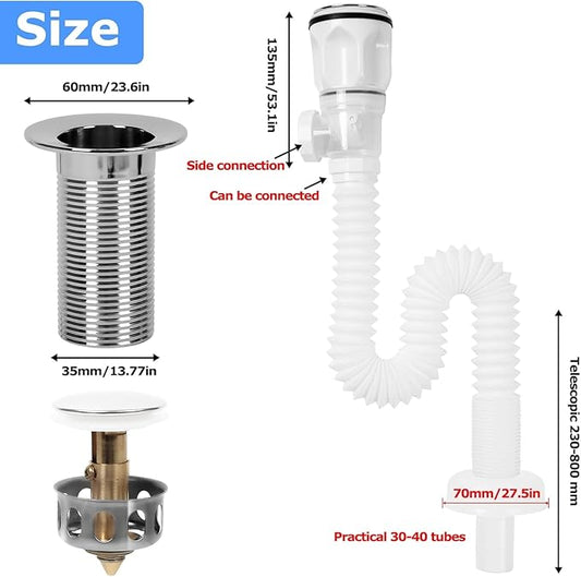 Bathroom Sink Drain Kit, Flexible P-Trap Sink Drain Pipe with Pop Up Stopper, Bathroom Sink Pipe Replacement Kit for 1-1/4'' & 1-1/2'' Holes, Anti-Clogging Stopper (White)