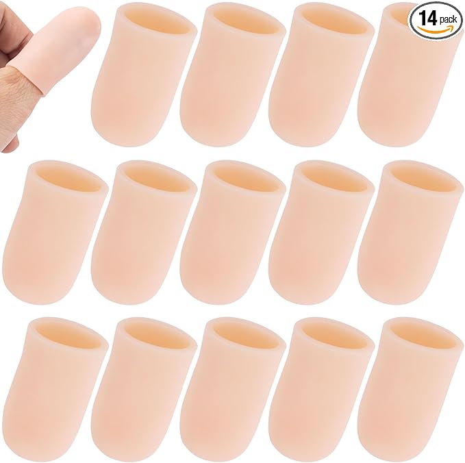 PAGOW 14pcs Gel Finger Cots/Covers, Silicone Finger Protector Support, Finger Caps Finger Sleeves Thumb Protector for Finger Cracking Trigger Finger Arthritis Pain Relief (Beige, Small)