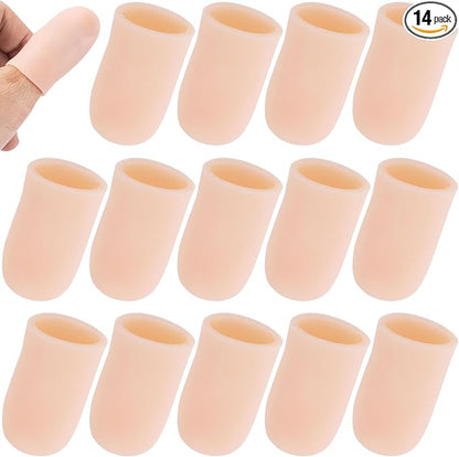 PAGOW 14pcs Gel Finger Cots/Covers, Silicone Finger Protector Support, Finger Caps Finger Sleeves Thumb Protector for Finger Cracking Trigger Finger Arthritis Pain Relief (Beige, Small)