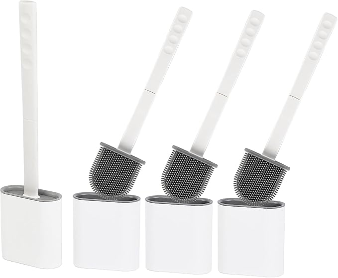 Modern Minimalist Silicone Toilet Brushes & Holders - Pack of 4 Toilet Bowl Brushes White - Self-Cleaning & Splash-Free, Easy-Rinse Design with Wall Mounted Holder Bathroom Accessory