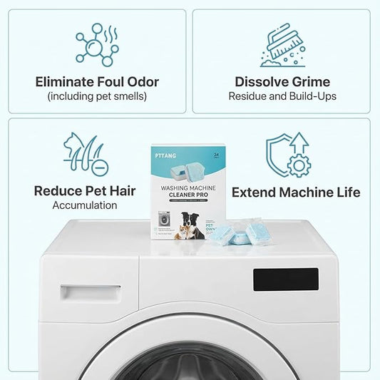 Washing Machine Cleaner Tablets for Pet Owners 24 Pack, Pet Hair Remover for Laundry, Septic Safe Removes Pet Hair Odor and Limescale