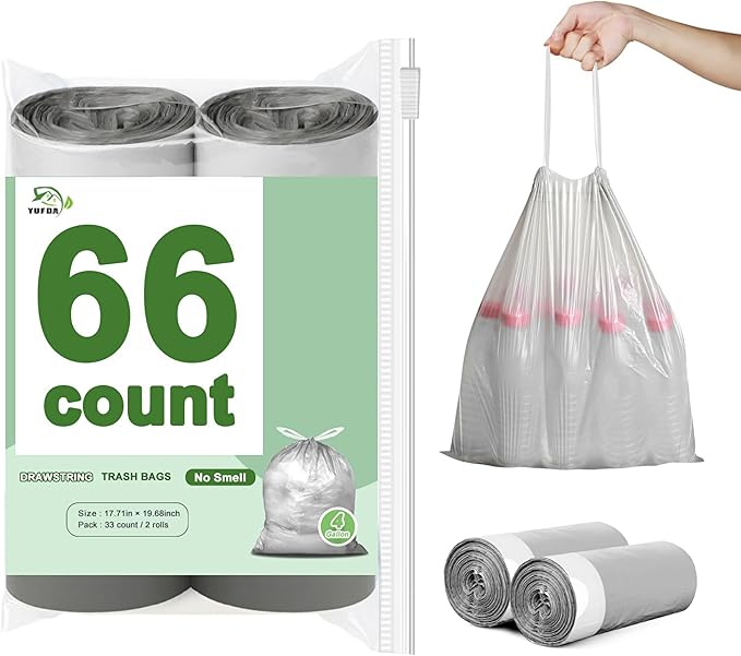 66 Count-Small Trash Bags,4 Gallon Trash Bag Drawstring,Gray White Bathroom Garbage Bags,Tear-Free Garbage Bags,Plastic Wastebasket Liners for Toilet Home Office and Bedroom