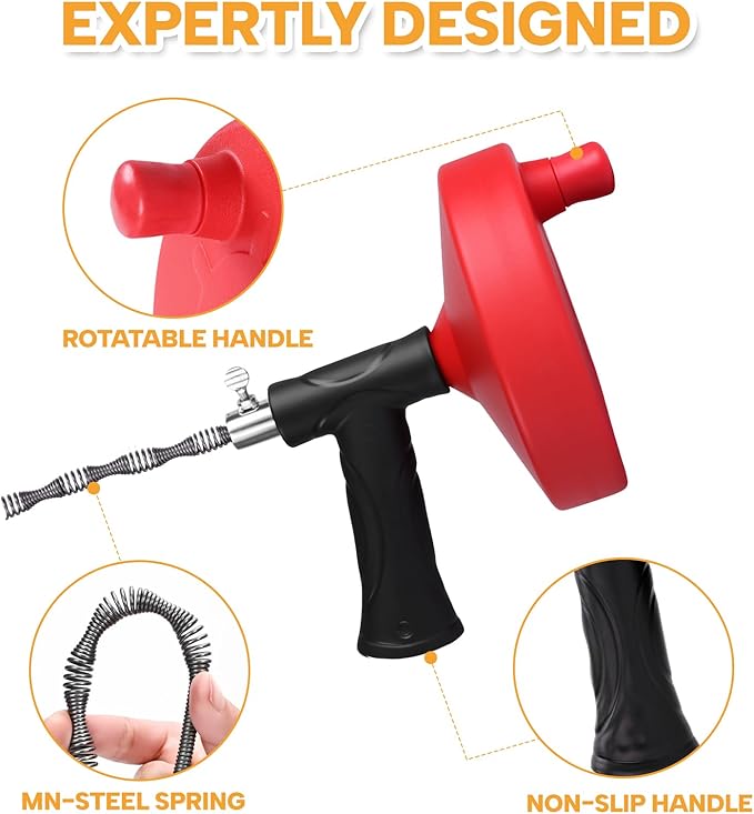 Drain Auger 33 ft, Plumbing Snake Hair Clog Remover Drain Snake Flexible Grabber Heavy Duty Sink Cleaner Tools for Shower Bathtub Bathroom Kitchen Pipe, Red
