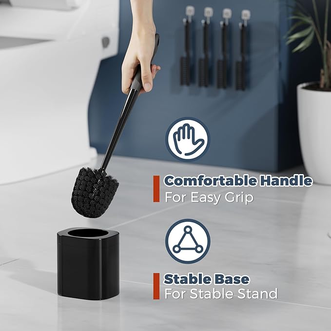 Holaloha Toilet Brush, 4 Pack Toilet Brush and Holder Set Bathroom Accessories, Toilet Bowl Brush and Holder with 4 Crevice Brush for Bathroom, Toilet Scrubber Brush, Black