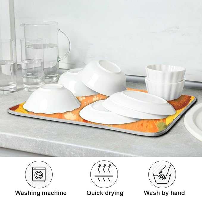 Large Dish Drying Mat Microfiber Drying Mat for Sink Kitchen Counter Yellow Sunflower Cornflower Poppy Absorbent Dish Rack Mat Drying Pad 18 x 24 Inches