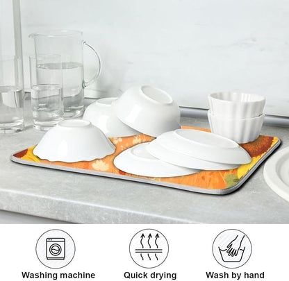 Fall Dish Drying Mat Microfiber Dish Drying Pads Kitchen Counter Draining Pad Sunflower Cornflower Poppy 16 x 18 Inches