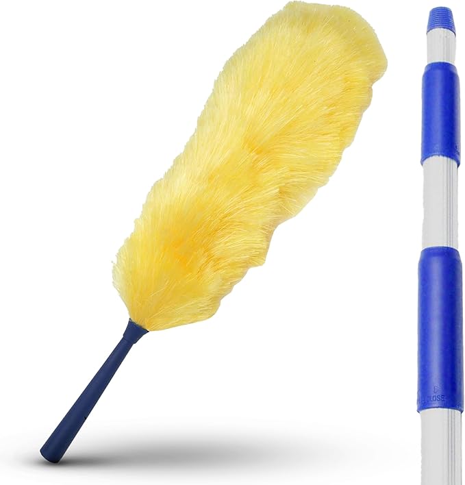 High Ceiling Cobweb Duster and Pole | Ceiling Fan Cleaner Extendable Duster | Nylon Telescoping Long Handle Extension Duster For Cleaning Spider Webs | Lightweight, 3-Stage Aluminum Pole