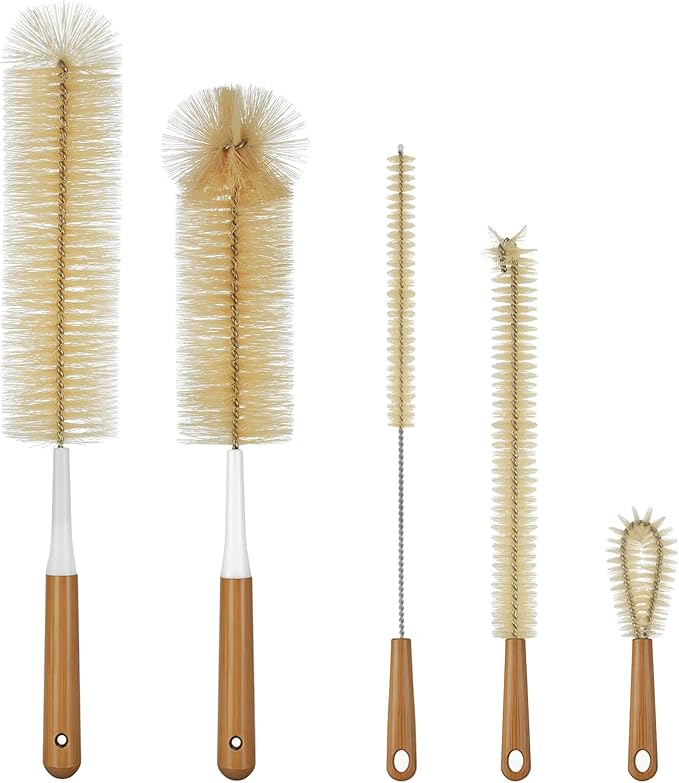ALINK Extra Large Long Bottle Brush Set - 16" / 15" Long Bamboo Handle Bottle Cleaner for Narrow Neck Beer Wine Bottles, Decanter, Tumblers, Thermos, Jugs with Straw Brush, Kettle Spout/Lid Brush