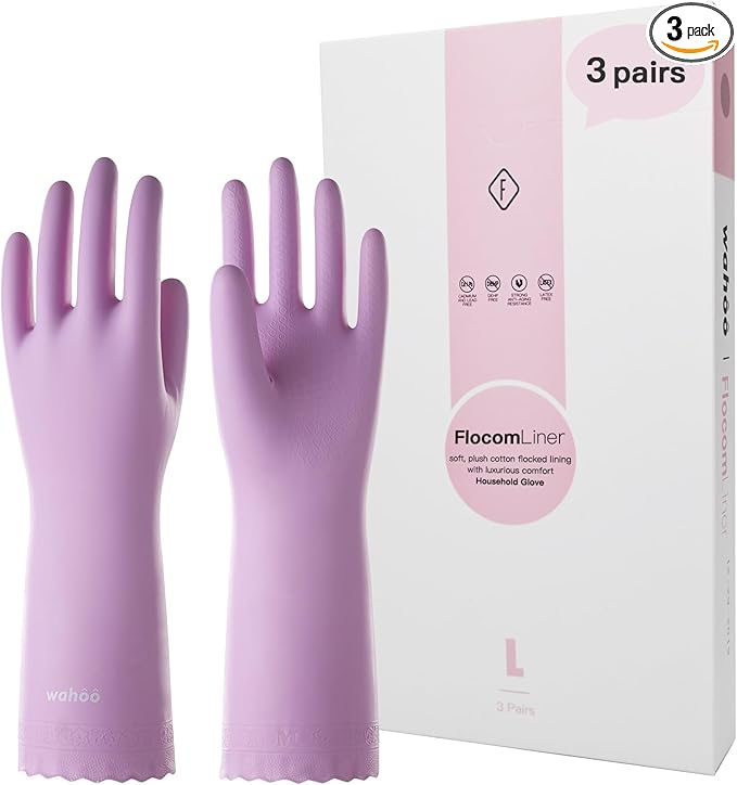 wahoo 3 Pairs Skin-Friendly Cleaning Gloves, Reusable Dish Washing Gloves with Flocked Cotton Liner, Dishwashing, Kitchen, Mauve Mist, Small