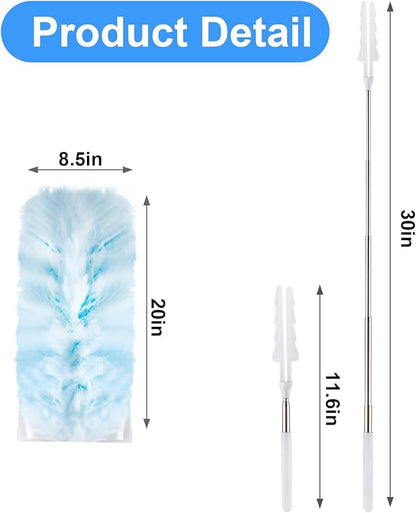 ITTAR 30 Count Duster Refills Kit with Extension Pole, Microfiber Feather Duster for Cleaning Ceiling Fan, Blinds, Furniture, Vents & Shelves - Blue