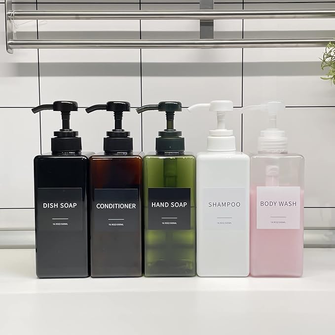 Soap Dispenser with Waterproof Labels, Thickened Plastic Hand Soap Dispenser for Bathroom, Kitchen Dish Washing Liquid Bottles, Shampoo and Conditioner Bottles with Funnel (16oz 4Pack Black Amber)