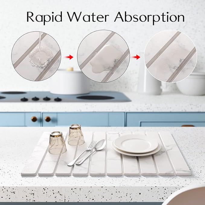Dish Drying Mats, Large 24x16 Inch Diatomaceous Earth Drying Mat / Fast-Absorbing,Non-Slip Stone Drying Mat For Kitchen Counter / Eco-Friendly for Dishes (White Marble)