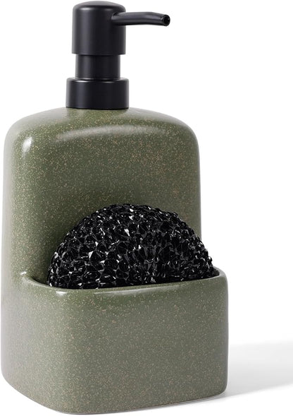BosilunLife Dish Soap Dispenser - Matte Green Ceramic Kitchen Soap Dispenser with Sponge Holder Matte Ceramic Soap Daddy Dispenser 20oz for Kitchen Soap Pump and Sponges Caddy