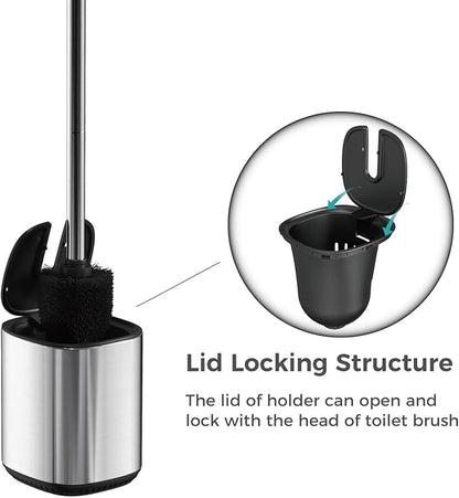 Toilet Brush and Holder Set Durable Toilet Scrubber Sleek Toilet Bowl Brush Stainless Steel Bathroom Toilet Brush Set with Lid Toilet Cleaning Brush 2 Pack