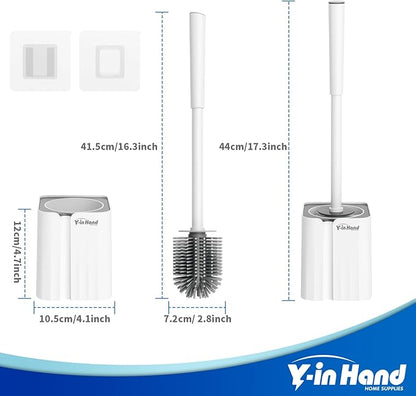 Y-in Hand 2 Pack Silicone Toilet Brush, Soft Toilet Bowl Cleaner Brush Set for Deep Cleaning. Bathroom Accessories with Long Handle, Wall mountable. - White