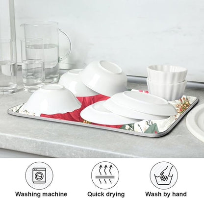 Red Poinsettias and Leaves Dish Drying Mat for Kitchen Counter Super Absorbent Drying Mat 16x18 inch Large Dish Drying Matts for Countertop Protector Dishes Pad