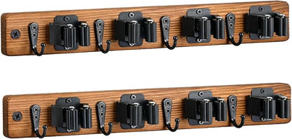 Lorbro 2 Pack Broom Holder Wall Mount, Wooden Broom and Mop Organizer Wall Hanging, Mop Hanger Rack with 4 Slots & 4 Hooks, Tool Organizer for Laundry Room, Closet, Garage, Kitchen
