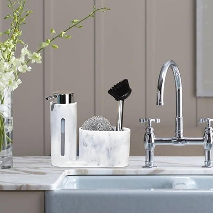 Soap Dispenser with Sponge Holder, Kitchen Soap Dispenser Pump, Sponge Caddy and Brush Holder 3 in 1 Set Organizer for Sink Countertop, Rustproof（White）