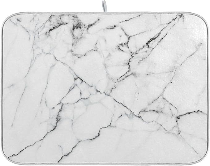 White Grey Marble Dish Drying Mat for Kitchen Counter Absorbent Microfiber Drying Pad, Medium 16x18 in, Reversible Drainer Mats