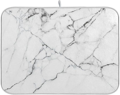White Grey Marble Dish Drying Mat for Kitchen Counter Absorbent Microfiber Drying Pad, Medium 16x18 in, Reversible Drainer Mats