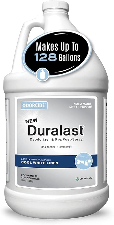 Odorcide Duralast Cool White Linen Odor Eliminator Concentrate - Smoke Odor Eliminator for Strong Odor on Carpet, Floors & More - Sweat & Pet Odor Eliminator with Non-Enzymatic Formula (1 Gal)