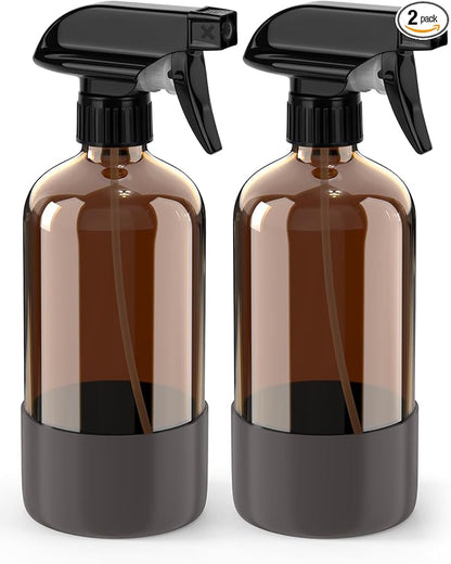 Bontip Glass Spray Bottle with Silicone Sleeve Protection, Amber Glass Spray Bottle Set for Window Cleaner Aromatherapy Facial Hydration Watering Flowers Hair Care 2 Pack/16 oz (Grey, 16 oz)