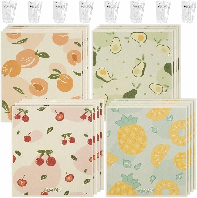 16Pcs Kitchen Dishcloths Absorbent Dish Cleaning Towels Washable Reusable Dish Cloths Non-Scratch Dishcloths Multipurpose Dish Towels with 8 Clips for Kitchen Bathroom 17x19x0.2 cm