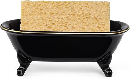 6.5" Ceramic Mini Decorative Clawfoot Bathtub Bar Soap Dish, Kitchen Sponge Holder and Shower Tray for Bathroom, 1 Pack (Black Gold Rim)