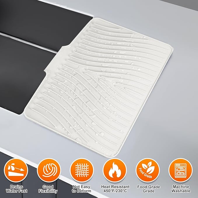 Silicone Dish Drying Mat for Kitchen Counter, Dish Drying Pad, Non-Slip Drain Pad with Built-in Drain, Heat Resistant Stone Drying Mat,Cream-1Set-XL
