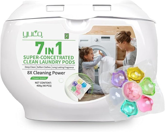 YUCO Laundry Pods Detergent 7-in-1 Super Cleaning PowerHypoallergenic & Ultra Concentrated Laundry Liquid Pods HE Compatible Washing Detergent with Long-Lasting Mixed Floral Fragrance 32 Loads