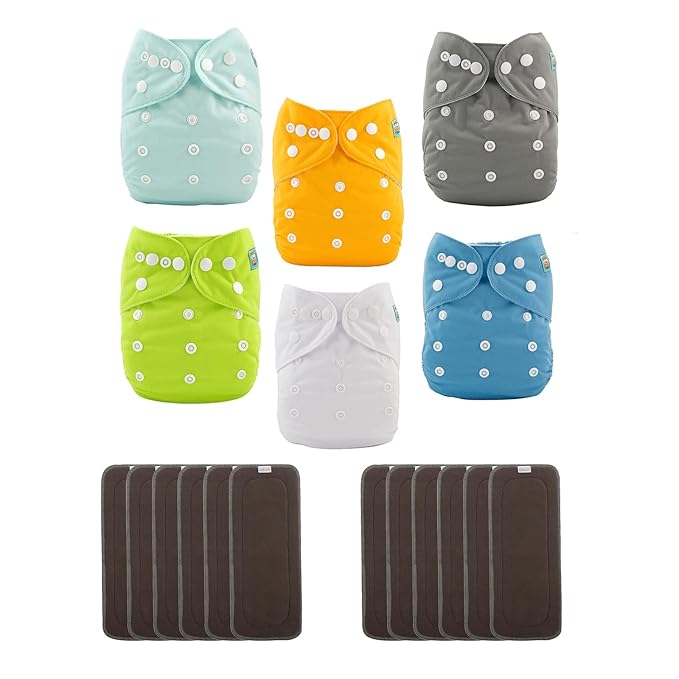 ALVABABY Baby Cloth Diaper 6 Pack with 12 Inserts One Size Cloth Diaper Covers Adjustable Washable Reusable for Baby Girls and Boys