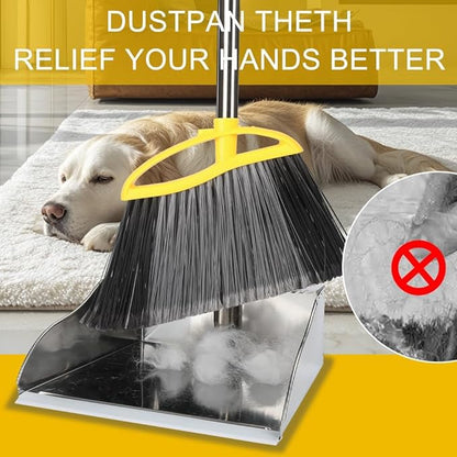 Broom and Dustpan Set, Outdoor Heavy Duty Broom with Stainless Steel Dustpan,Stiff Bristles Broom and Metal Dust Pan for Home