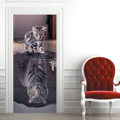 3D Peel and Stick Wall Mural - Cat Becomes Tiger Self-Adhesive Removable PVC Waterproof Door Poster for Bedroom Living Room 37.4" x 82.7"