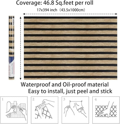 Arthome 17''x393'' Wood Slat Wallpaper,Peel and Stick Self Adhesive Wood Wallpaper PVC Vinyl Decorative Removable Wallpaper Waterproof Faux Wood Grating Stripe Contact Paper for Living Room Bedroom