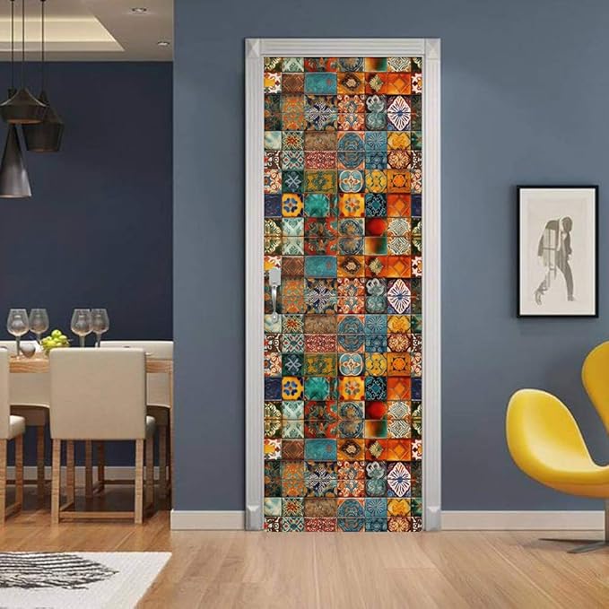 REDAMANCY Vintage Moroccan Ethnic Square Pattern Peel and Stick Door Stickers Vinyl 3D Door Mural Decals Decor Wallpaper Self-Adhesive, Waterproof, Removable