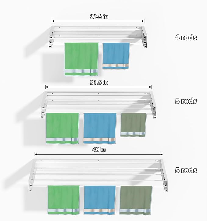 Wall Mounted Drying Rack for Small Space, 23.6" Foldable Collapsible Laundry Rack, Compact Space Saver for Apartment Bathroom Balcony, Includes Wall Template (White)